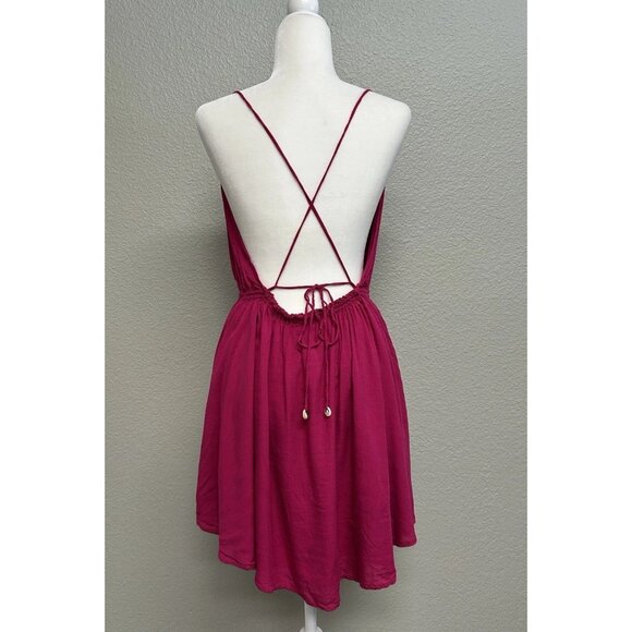 Indah Tahani Drape Neck Strappy Back Fuchsia Flowy Mini Dress Size Large - Picture 3 of 13